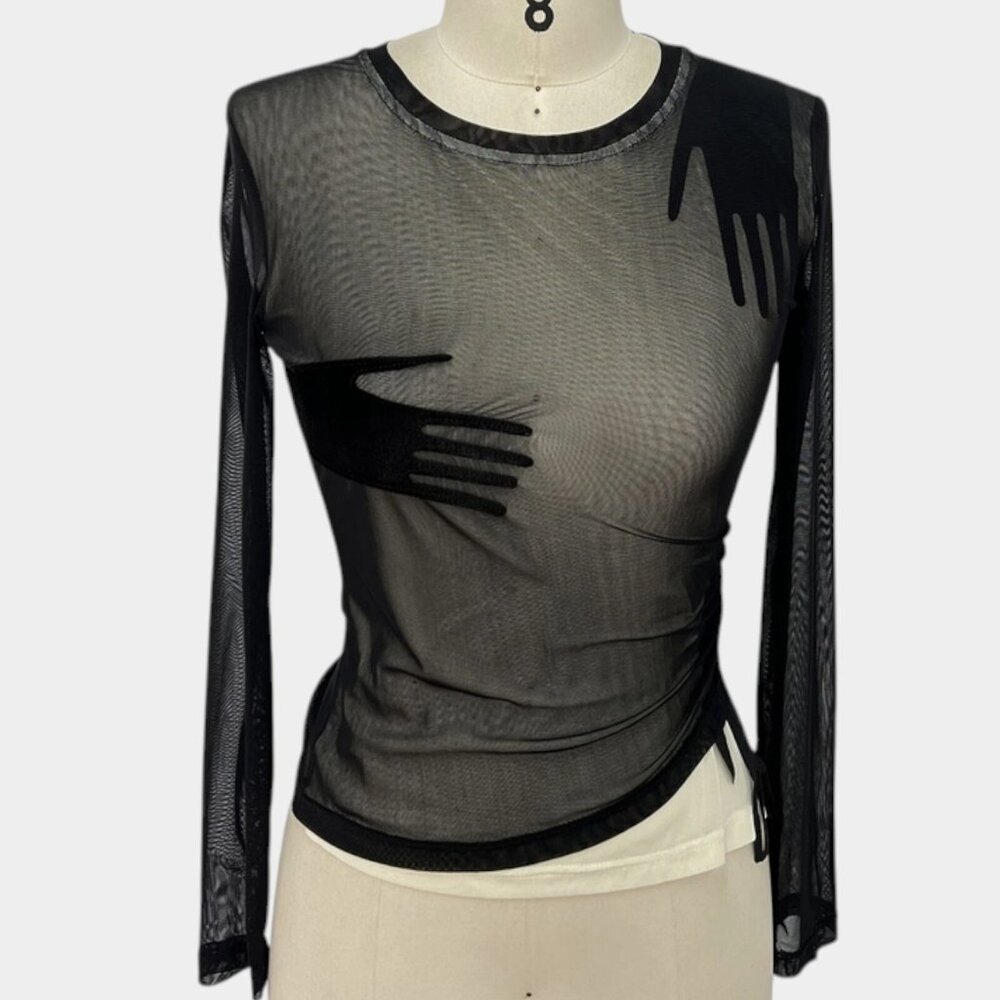 Women's Transparent Mesh Top Black Size L Stretch Decorated Hand Long Sleeves